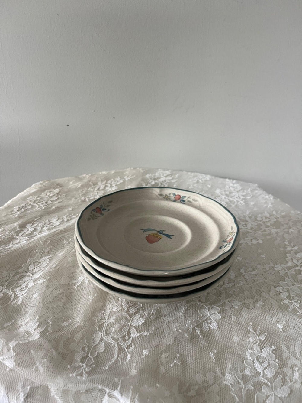 International Tableworks Stoneware Fruit Pattern Saucers Set of 4 Blue Trim